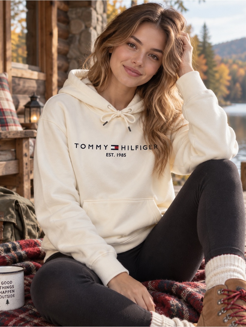 Tommy Hilfiger Cream Logo Pullover Hoodie Women’s Medium Gorpcore Cabincore